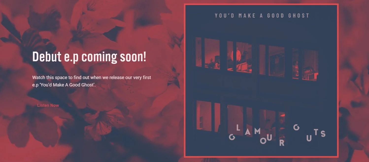 Announcement for a debut music album titled 'You'd Make a Good Ghost.' The left side has a blurred pink floral background with white text, stating 'Debut e.p coming soon! Watch this space to find out when we release our very first e.p 'You'd Make A G