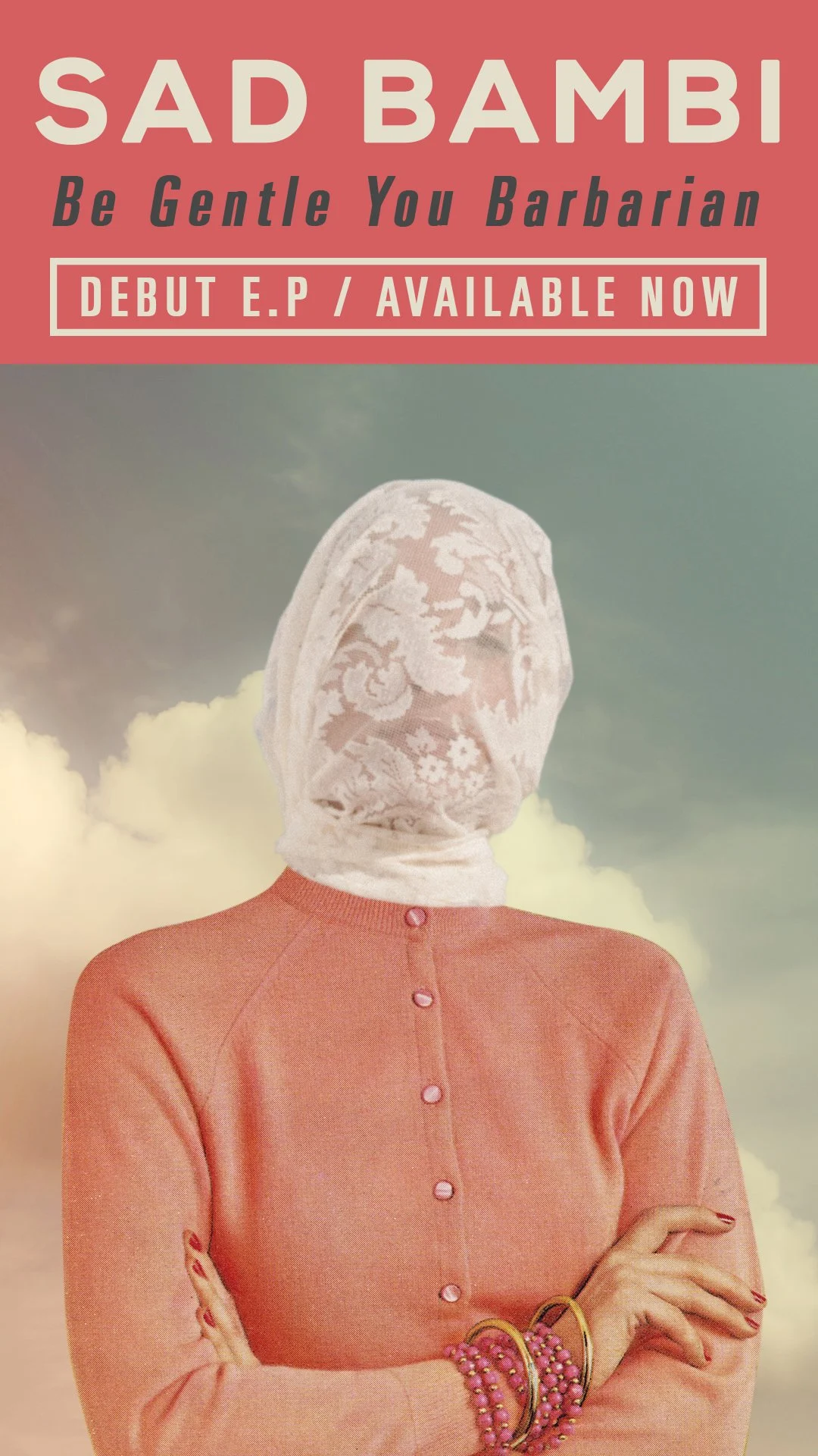 An individual dressed in a vintage pink dress with pearl buttons, wearing multiple pink and gold bracelets, and a white lace headscarf covering their face and head, standing against a cloudy sky background.