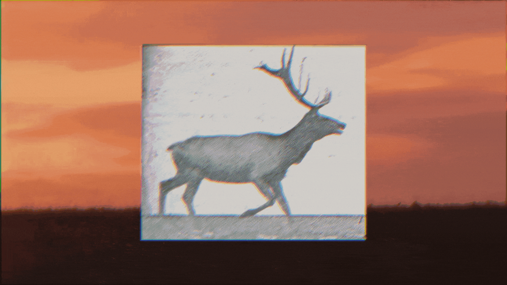 A framed image of a deer with large antlers set against a sunset sky, placed outdoors on a flat surface.