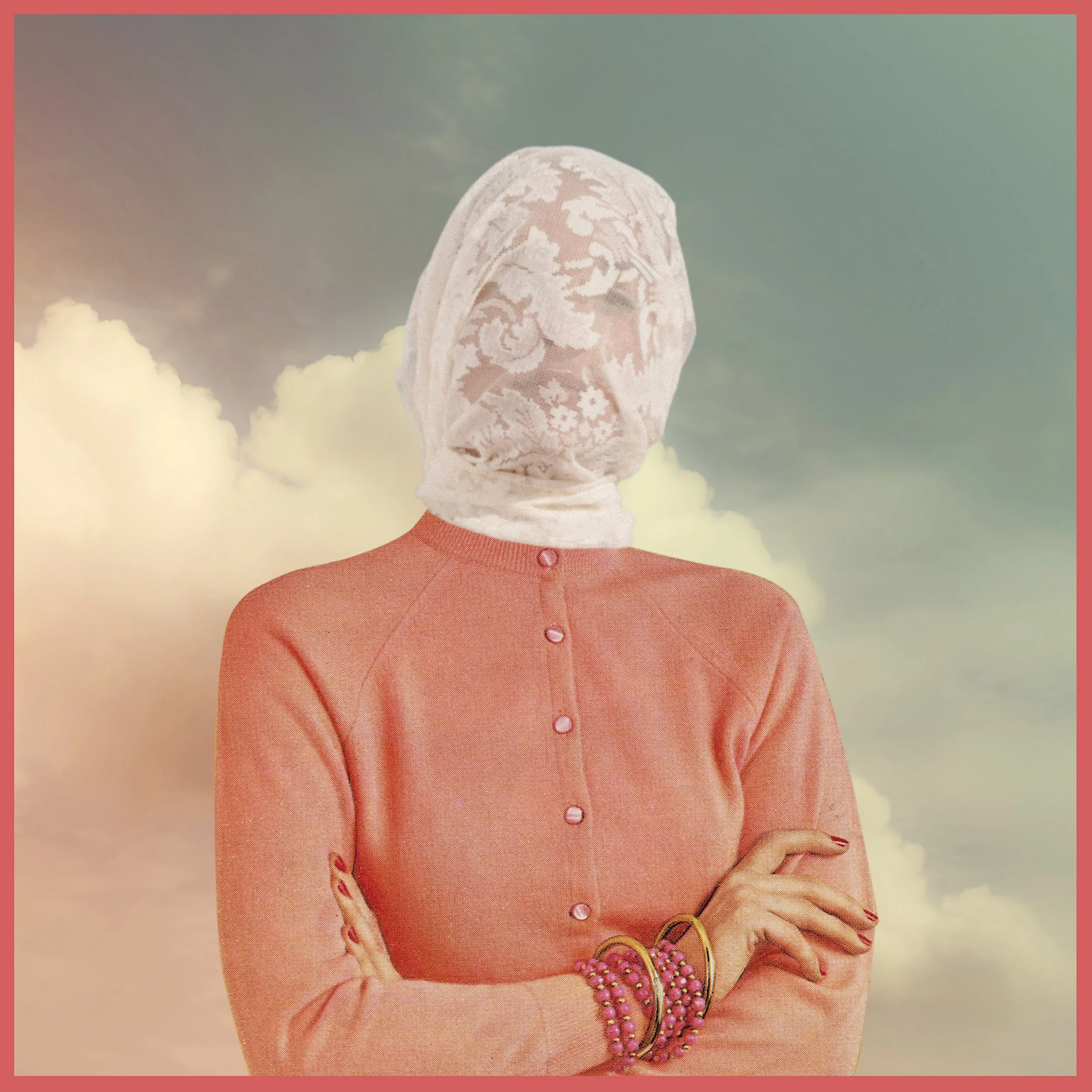 The image shows a woman with her face and head covered by a lace cloth with floral patterns, standing against a cloudy sky background. She is wearing a pinkish-orange top with buttons and has her hands crossed over her chest, accessorized with colorf