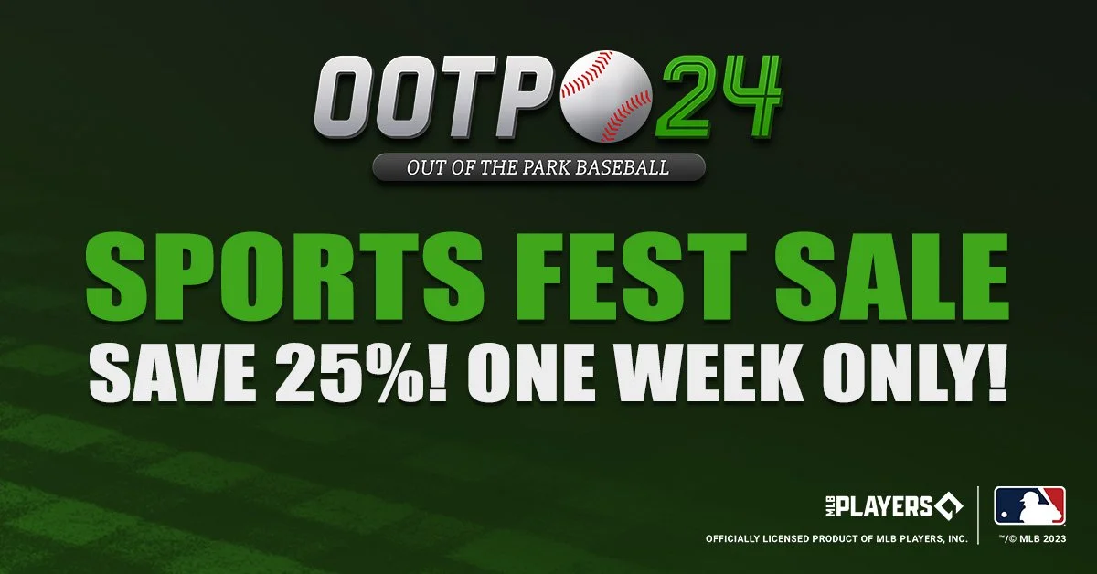 Advertisement for OUTP24 promoting a sports gear sale with 25% off for one week, featuring baseball imagery and sports branding.