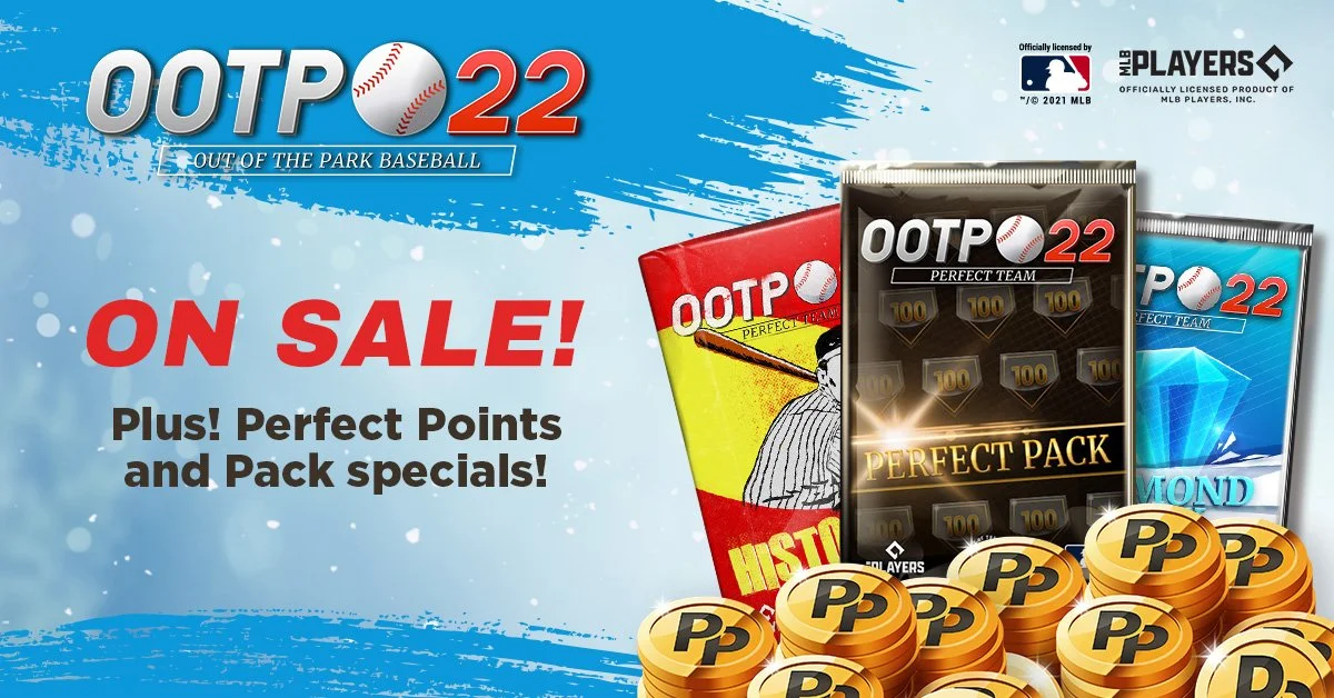 Promotion for Out of the Park Baseball 2022 with packs, perfect points, and coins for sale, featuring game covers and a blue background with snow-like effects.