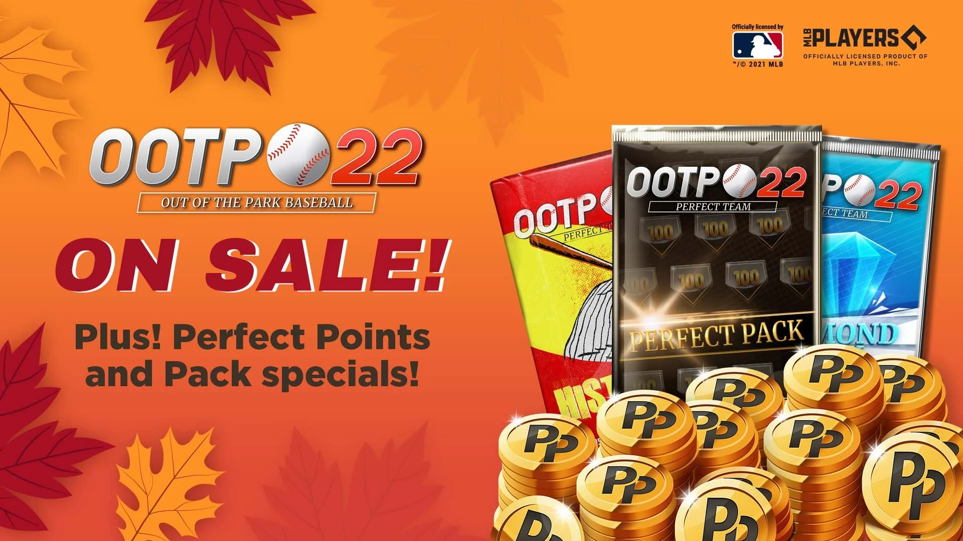 Title text with autumn leaves background announcing OOTP 22 baseball cards on sale, featuring Pack, Perfect Team, and Perfect Pack products, with images of card packs and gold coins.