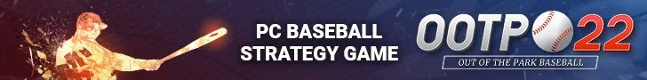 Graphic for PC baseball strategy game Out of the Park Baseball 22, featuring a baseball player swinging a bat with a fiery background.