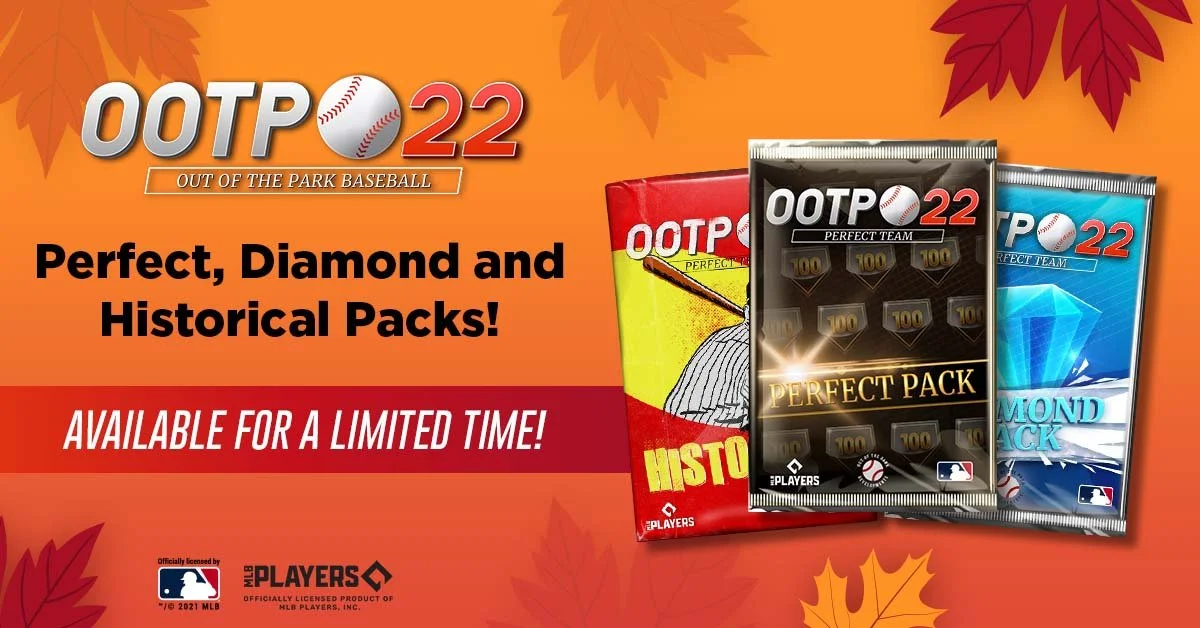 An advertisement for Out of the Park Baseball 22 featuring sports card packs labeled Perfect, Diamond, and Historical, with a background of autumn leaves.