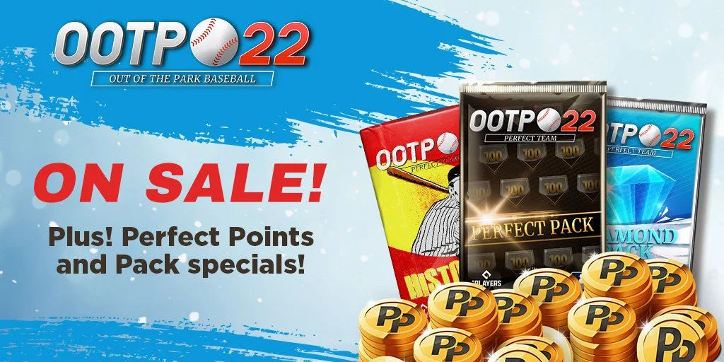 Advertisement for Out of the Park Baseball 2022, featuring game packs and coins on sale.