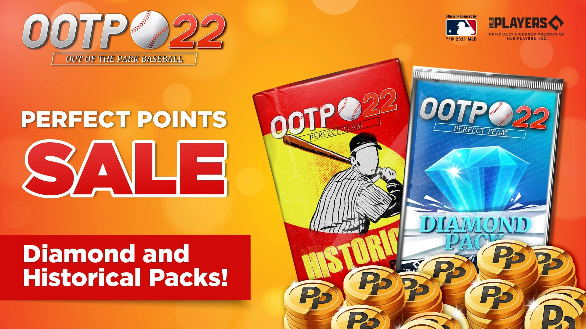 Promotional image for 2022 Out of the Park Baseball packs, featuring a sale on diamond and historical packs, with tennis ball graphics, a Pack of diamond pack, some coins, and a bright orange background.