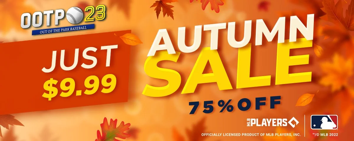 Autumn sale poster with leaves background, offering MLB licensed baseballs for $9.99 with 75% off, featuring the MLB Players logo.