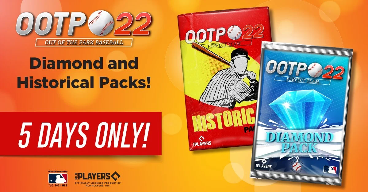 An advertisement for Out of the Park Baseball 22 featuring Diamond and Historical Packs, available for five days. The image shows two packs: one titled 'Historic Pack' with a vintage baseball player illustration, and the other titled 'Diamond Pack' w