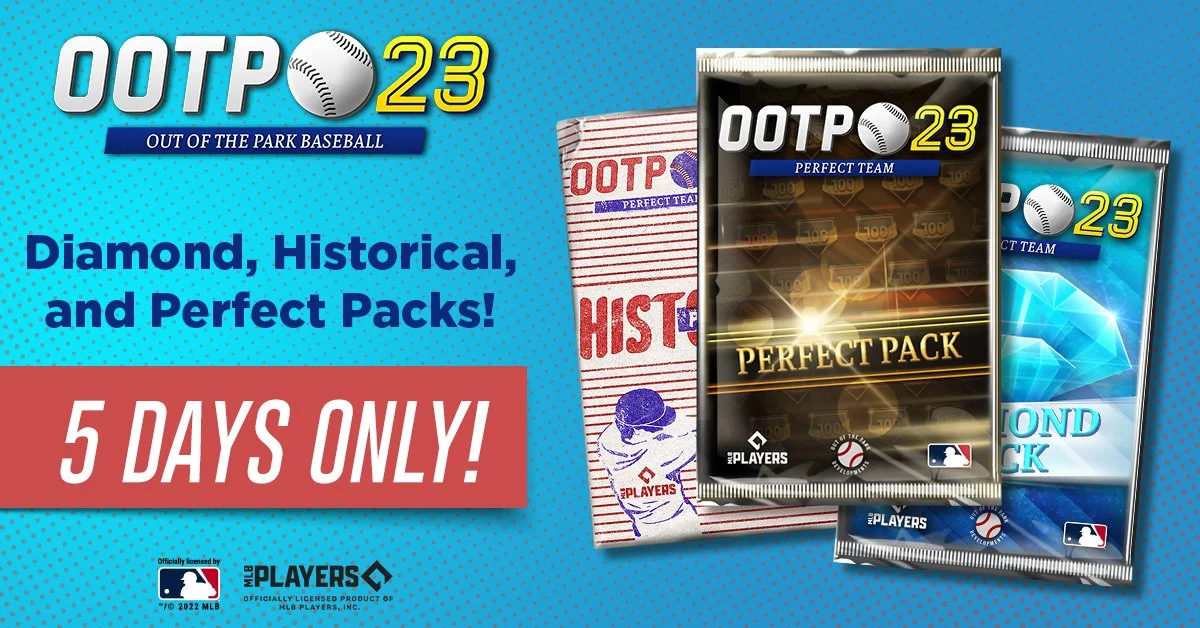 Promotional display for Out of the Park Baseball 2023, advertising special packs including Diamond, Historical, and Perfect Packs, available for five days only.