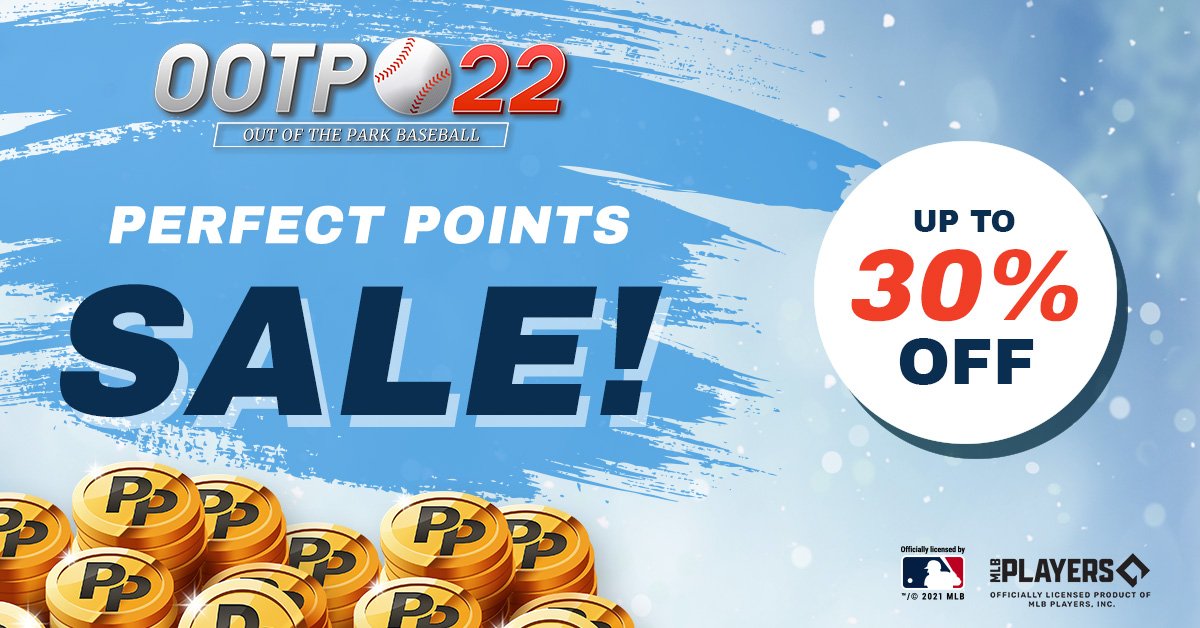 A promotional digital advertisement for Out of the Park Baseball 2022 featuring a sale offering up to 30% off. The background is light blue with white accents and a dosage of snowflake graphics. It prominently displays a large text saying 'PERFECT PO