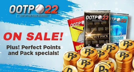 Advertisement for Out of the Park Baseball 22, featuring on sale packs, perfect points, and pack specials, with visual of game packs and stacks of gold coins.