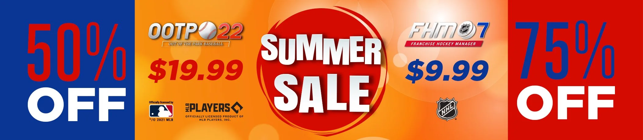 Summer sale advertisement with discounts on baseball and hockey items, featuring 50% off and 75% off deals, and prices of $19.99 and $9.99.