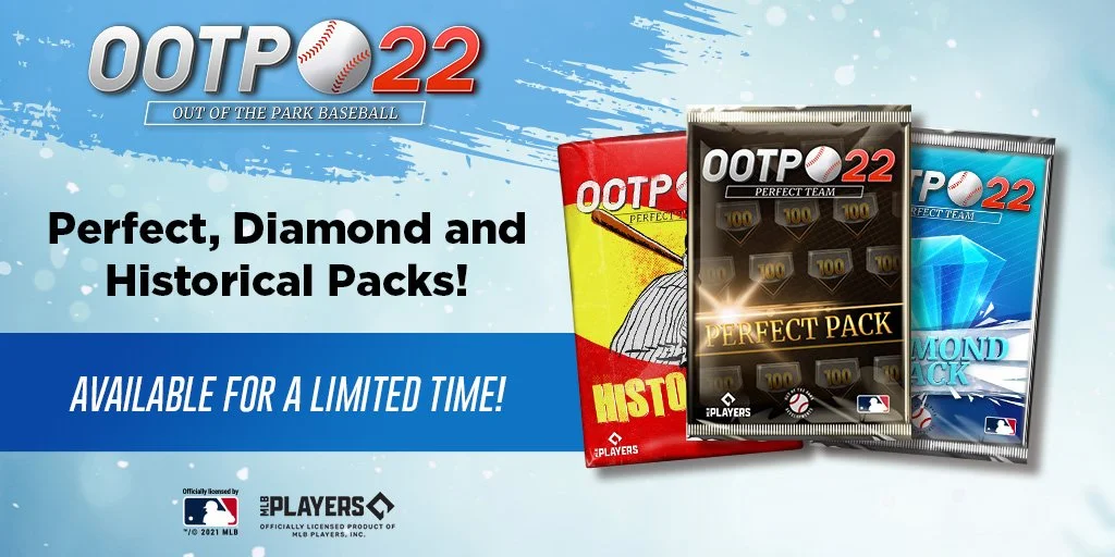 Advertisement for OOTP 22 baseball card packs featuring perfect, diamond, and historical packs, with limited-time availability.