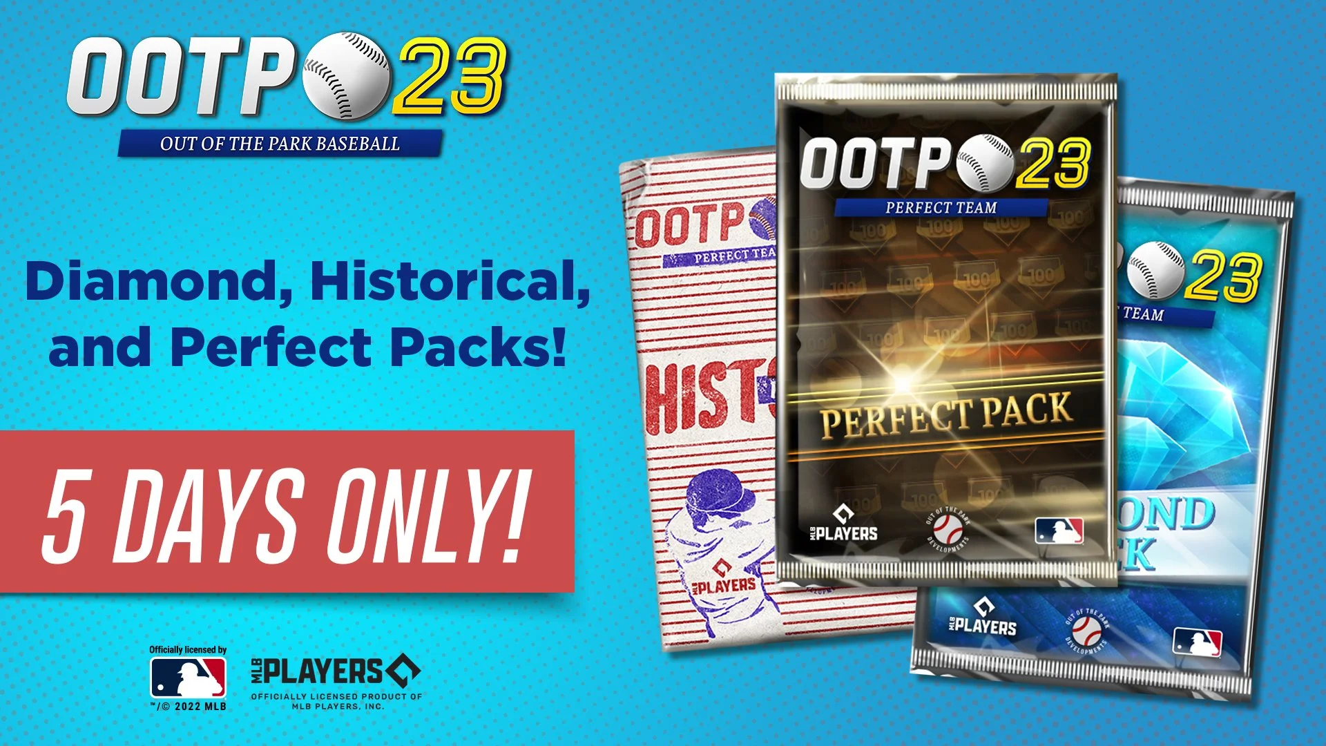 Advertisement for MLB OOTP 23 baseball card packs featuring a blue background with dotted pattern, showcasing different packs labeled 'Perfect Pack' and 'Diamond, Historical, and Perfect Packs,' with a promotional message for a 5-day sale.