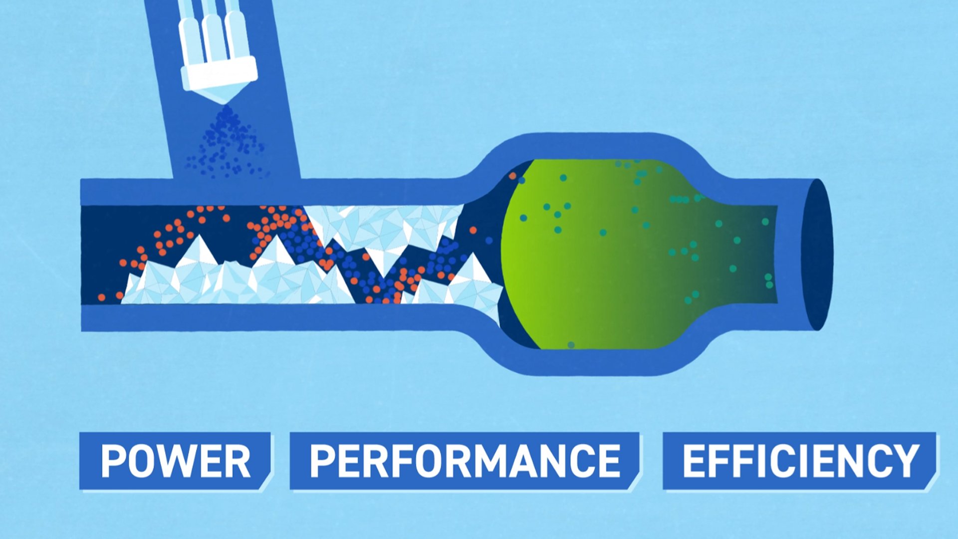 A digital illustration of a fuel filter with multiple layers of filtration elements, including a mesh, granules, and filter media, emphasized by the words 'Power Performance Efficiency' below.