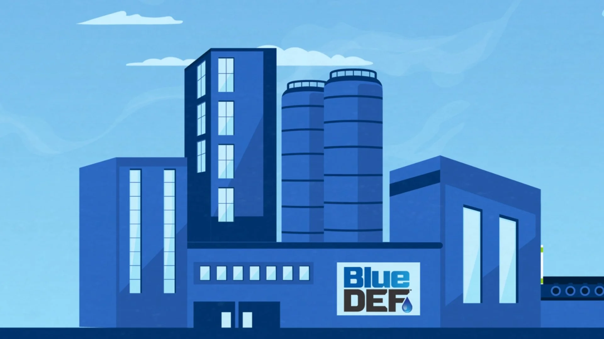 Digital illustration of a modern cityscape with tall buildings, blue tones, sky, clouds, and a sign that reads 'Blue DEF' with a drop symbol, indicating a focus on Blue DEF fuel or additive.