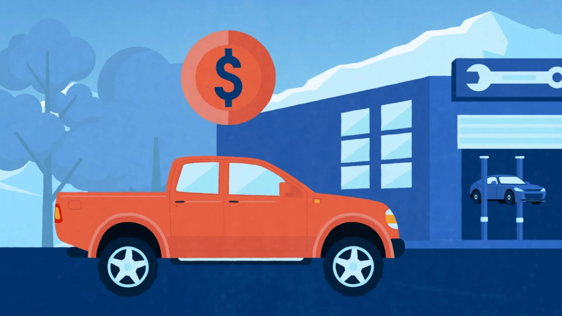 An illustration of a red pickup truck parked outside a blue auto repair shop, with a car lift and tools visible, and a dollar sign symbol indicating automotive services.