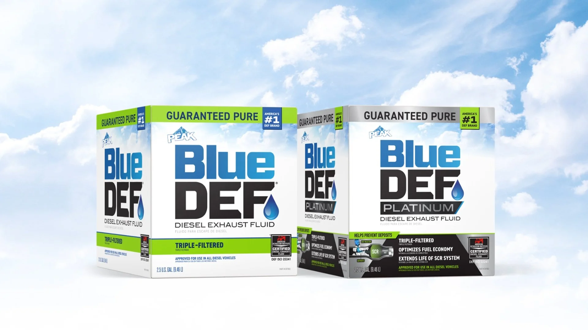 Three boxes of Blue DEF Diesel Exhaust Fluid, branded Peak, with a blue sky and clouds background, emphasizing features like triple-filtered, helps prevent deposits, extends life of SCR system, and approved for use in all diesel vehicles.