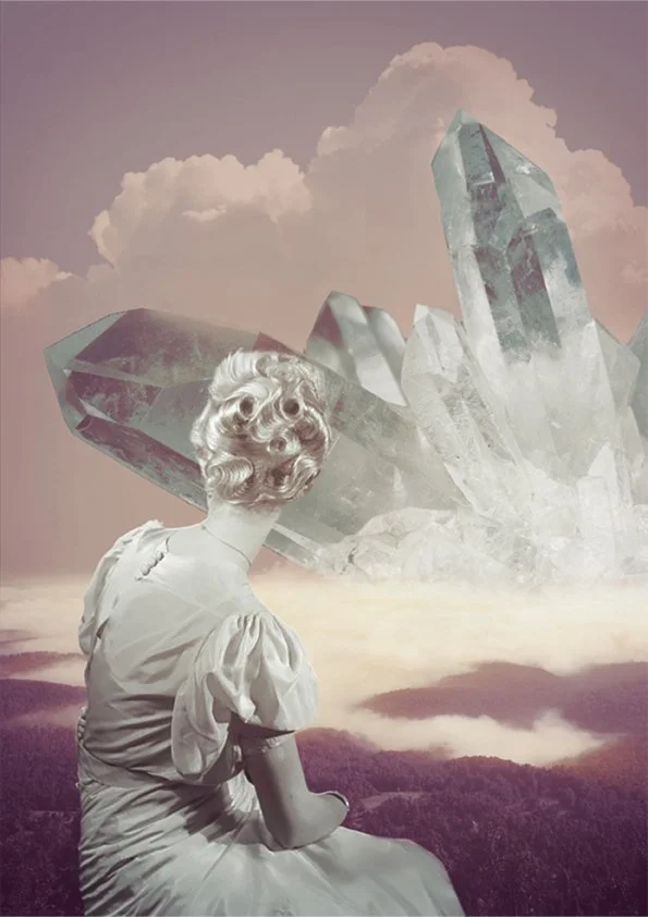 A woman with vintage hairstyle and dress sitting on the ground, looking at a large crystal formation in the distance against a cloudy sky.