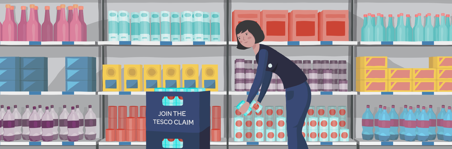 A woman arranging bottles on shelves in a grocery store aisle, with a sign reading 'Join the Tesco claim'.