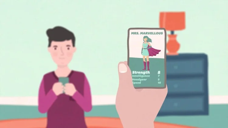 A cartoon-style scene of a young person looking at a smartphone, which displays a superhero profile of Mrs. Marvellous with stats in strength, intelligence, headgear, and speed.
