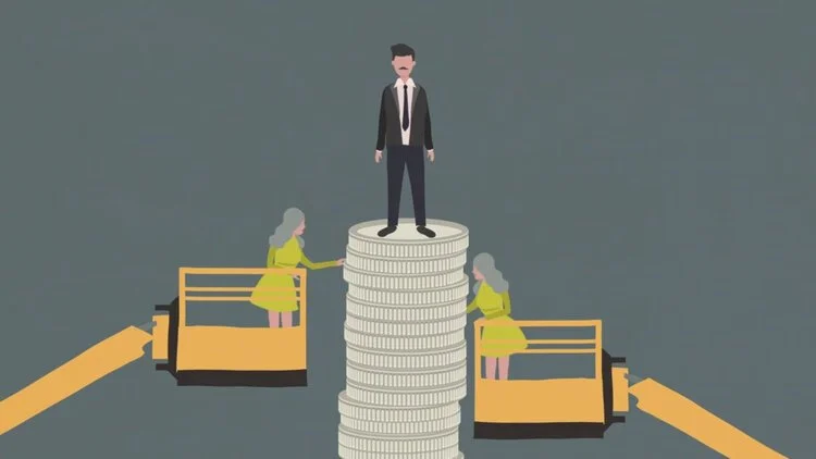 Illustration of a man in a suit standing on a stack of coins, with two women in yellow dresses on each side extending their hands towards him, connected to yellow robotic arms.