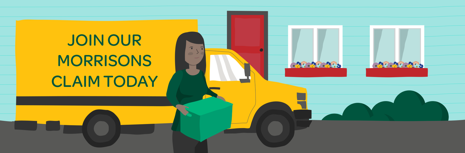 A woman loading a green box into a yellow delivery truck parked in front of a house with teal siding, a red door, and two windows with flower boxes.