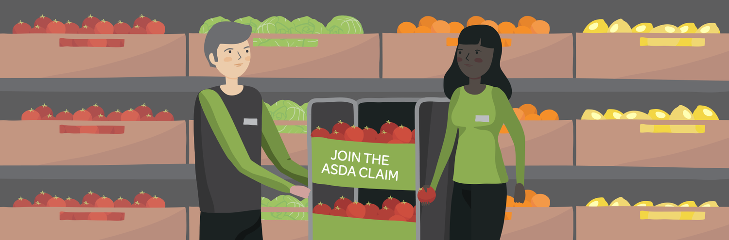 Two people shopping for tomatoes at a grocery store, with shelves of fruits and vegetables in the background, and a sign promoting an ASDA claim.