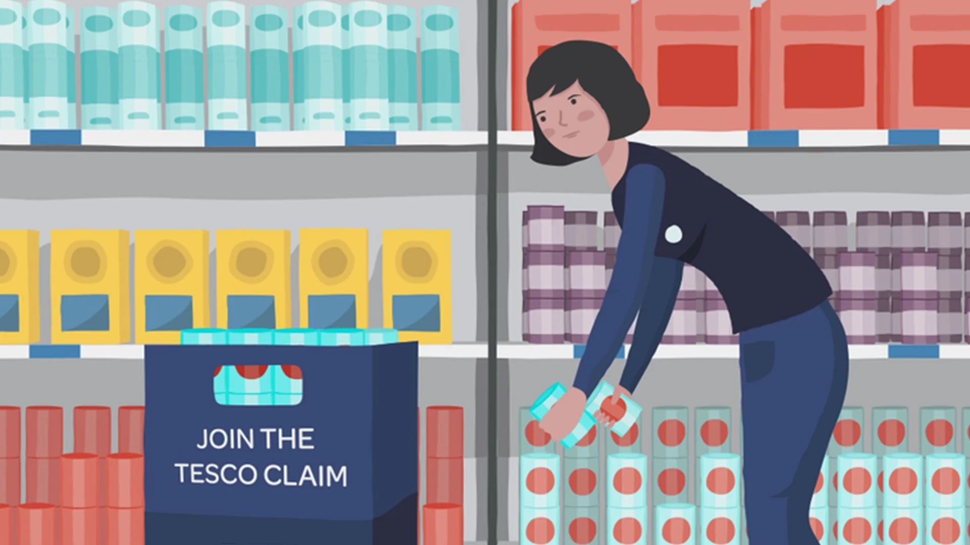 A person shopping at Tesco, placing household items like toilet paper and cleaning supplies into a shopping basket at the store aisle.