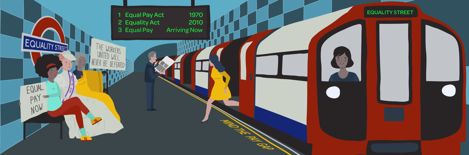 Illustration of a London Tube station platform with protesting women holding signs for equal pay, a train arriving with an electronic sign displaying equal pay acts and laws, and a digital board showing the progression of the fight for equal pay from