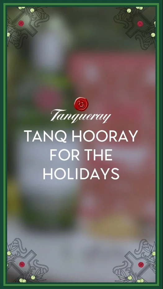 Holiday greeting card with blurred background and decorative floral corners, reading "Tanquray TANQ HOORAY FOR THE HOLIDAYS."