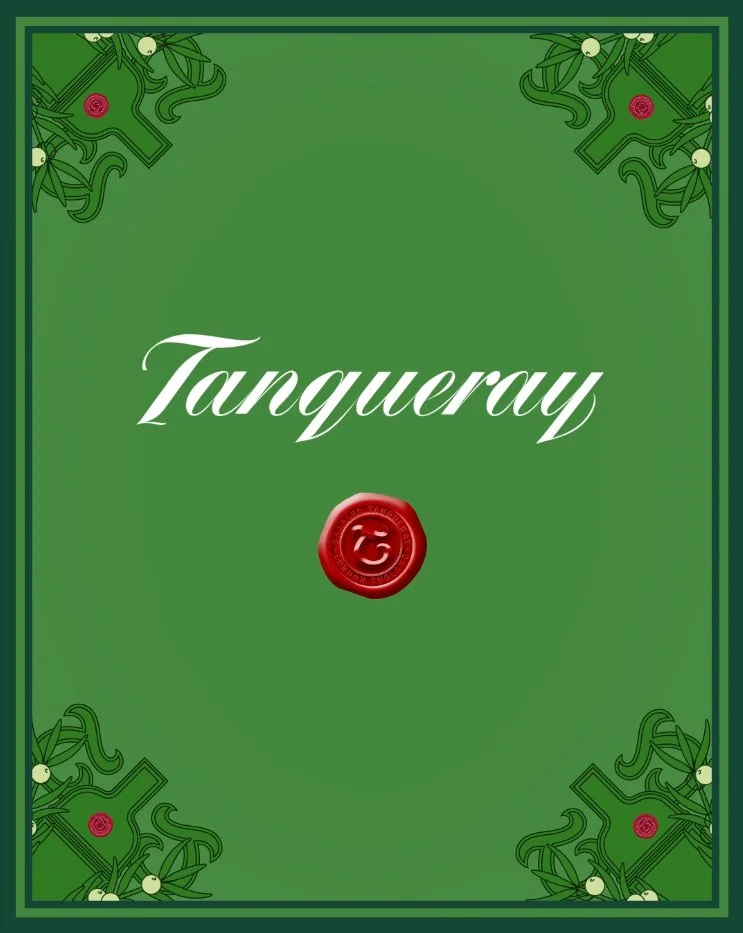 Green card with the word 'Tanqueray' in white script, decorated with ornate green patterns and red wax seal in the center, suggesting a gin brand label.