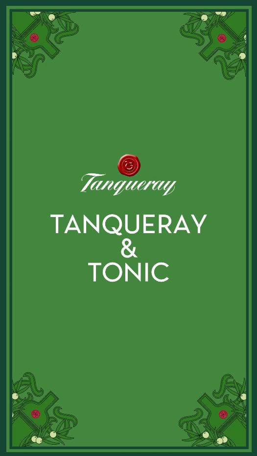 Green label for Tanqueray Gin with decorative holly in the corners, featuring red and white berries, and a red wax seal at the top.