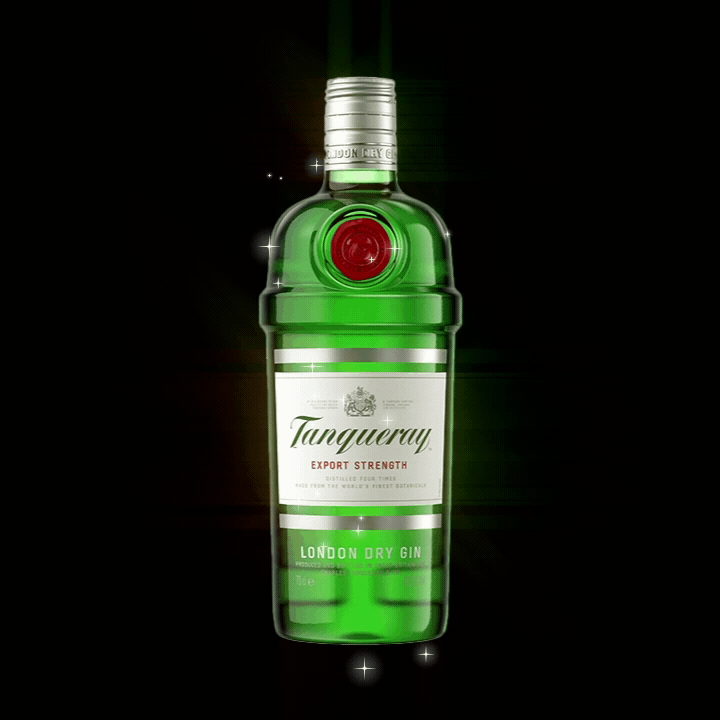 Green bottle of Tanqueray London Dry Gin with a white label, red circle near the cap, and glowing effects
