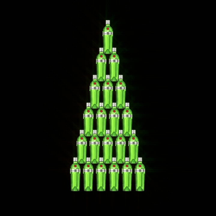 An arrangement of green novelty grenade-shaped bottles stacked in a pyramid formation on a black background.