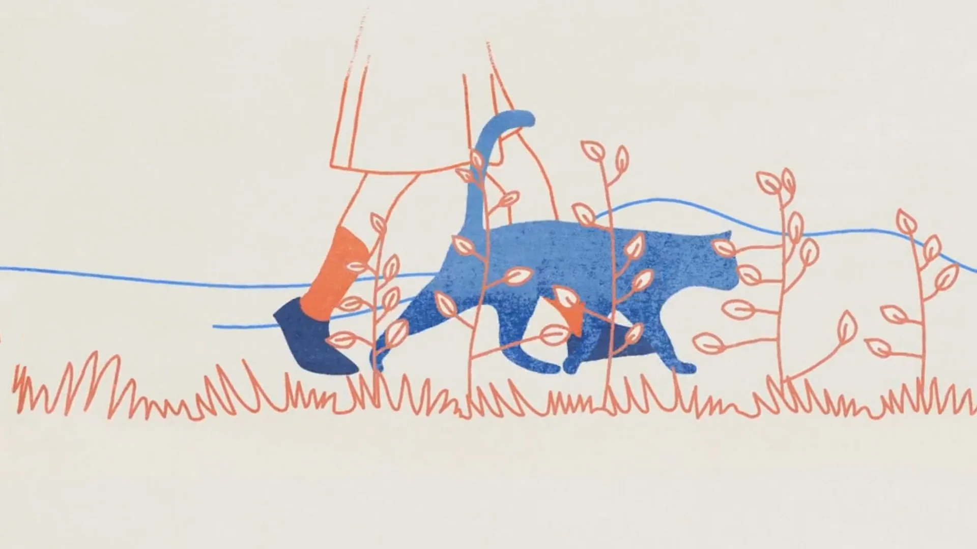 Illustration of a person walking with a dog surrounded by plants and grass in a minimalistic style.