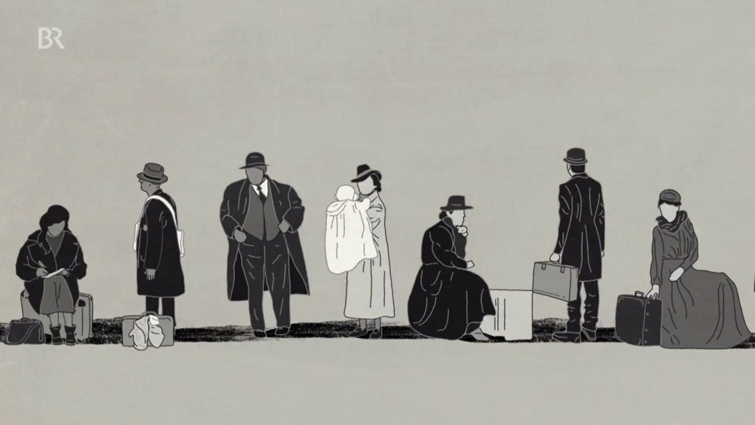 Drawing of seven people wearing vintage clothing and face masks, standing in a line with luggage.