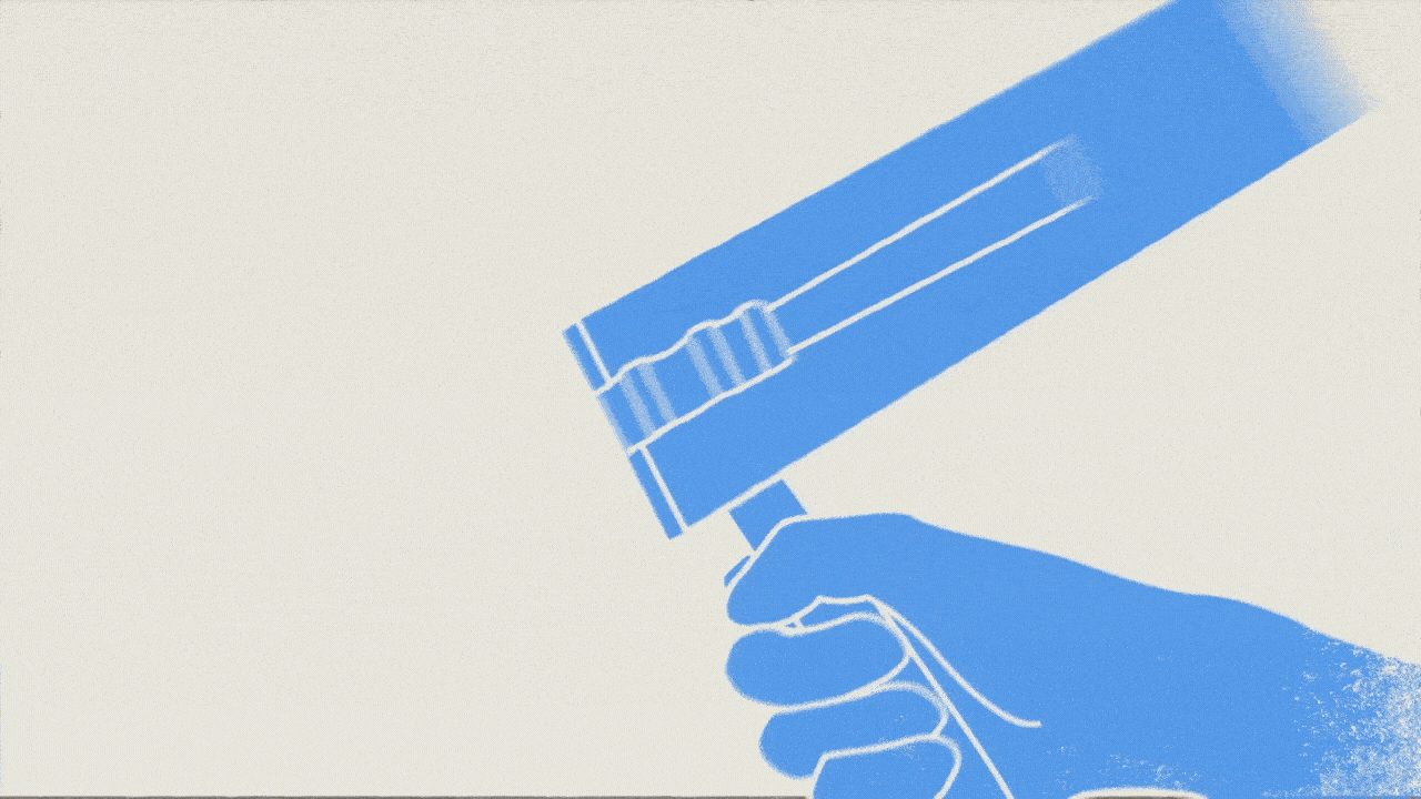 An animated blue illustration of a hand holding a gun.