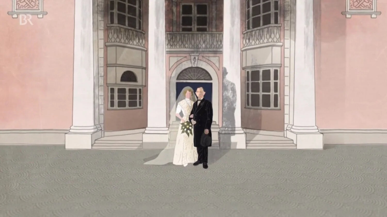 Illustration of a bride and groom standing in front of a house with columns and a porch, dressed in wedding attire. The bride holds a bouquet, and the groom is wearing a dark suit with a briefcase.