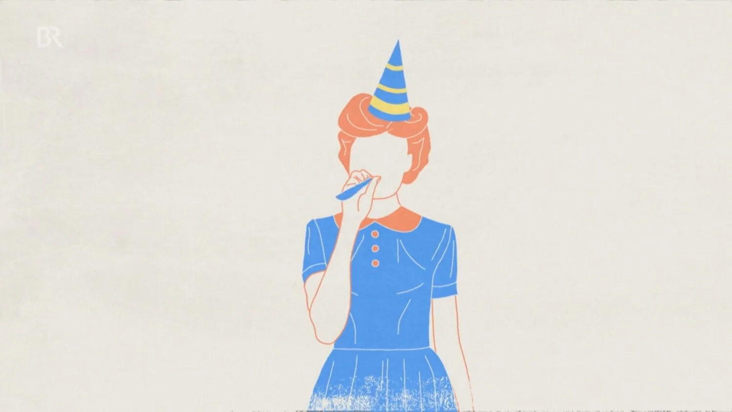 Illustration of a faceless woman wearing a blue dress and a party hat, holding a party horn.