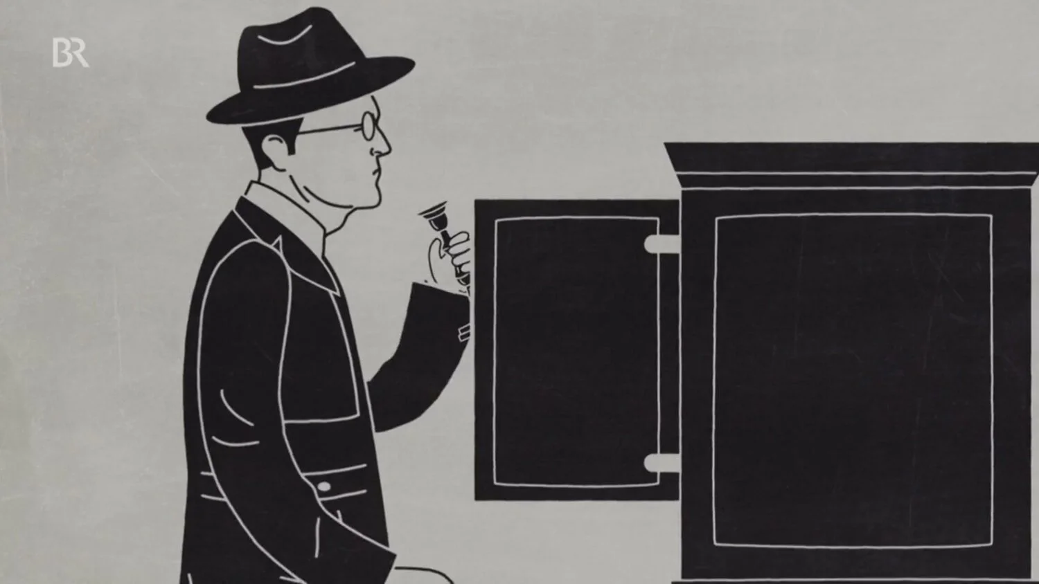A black and white illustration of a man wearing glasses, a hat, and a coat, holding a magnifying glass to a cabinet or safe, with the cabinet door slightly open.