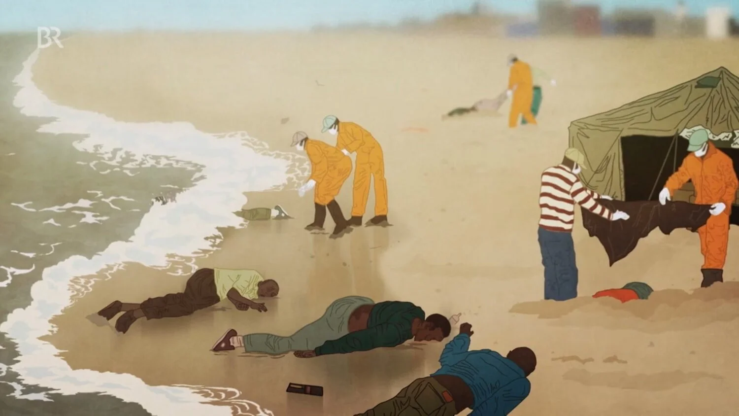 Illustration of beach scene with several people, some lying on the sand and others handling corpses or working at a tent, suggesting a disaster situation.