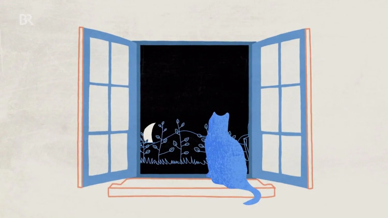 A digital illustration of an open window with blue frame and shutters, night sky with a crescent moon, plants, and a sitting blue cat looking outside.