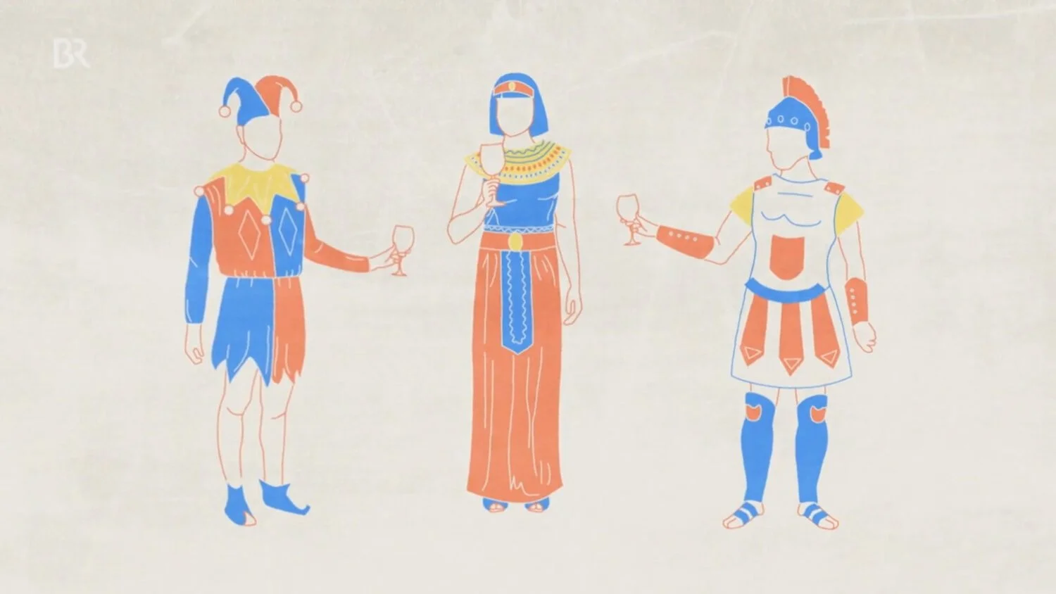 Line drawing of three people dressed in colorful, ancient, or fantasy costumes, holding glasses, on a plain background.