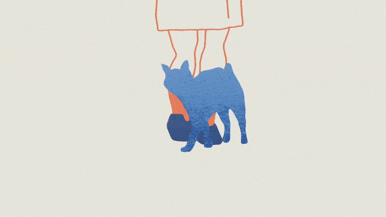 Line drawing of a person walking with a black dog on a leash.