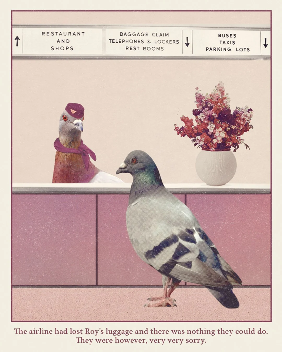 A pigeon stands on the floor of an airport terminal behind a counter, with a pigeon character wearing a purple hat and scarf behind the counter. There is a pink wall, a flower vase, and directional signs above the counter for various airport services