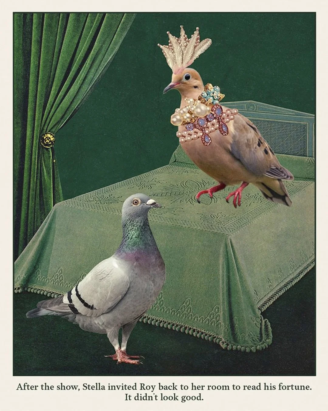 A painting of two pigeons in a room with green curtains and a green table. One pigeon is sitting on the table, wearing an assortment of jewelry and a decorative headdress, while the other pigeon is standing on the floor in front of the table.