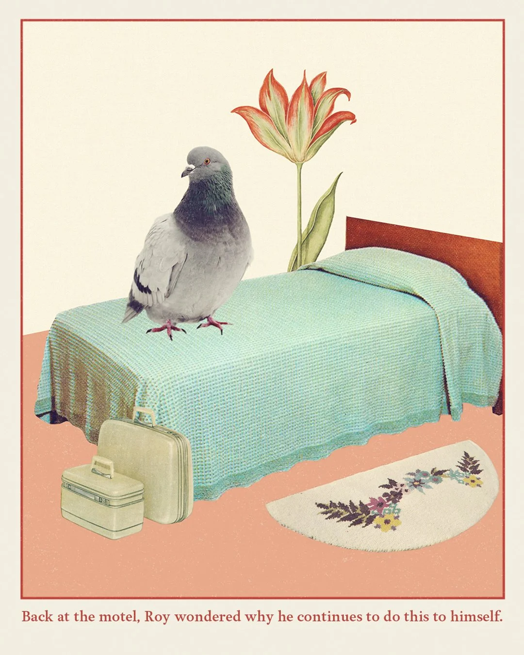 A bird standing on a bed in a room with a wall decal of a flower, a suitcase and a small lunchbox in front of the bed, and a small white rug with floral patterns on the floor.