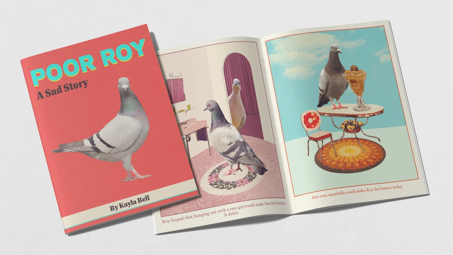Open kids' book titled "Poor Roy: A Sad Story" featuring illustrations of pigeons in colorful settings, including a pigeon standing next to a sundae with a scoop of ice cream and a cherry on top, on a floral-patterned table.